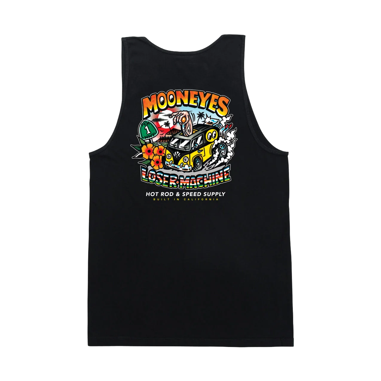 color: BLACK ~ alt: LMC X MOONEYES PACIFIC COAST HIGHWAY STOCK TANK TOP (zoomed)