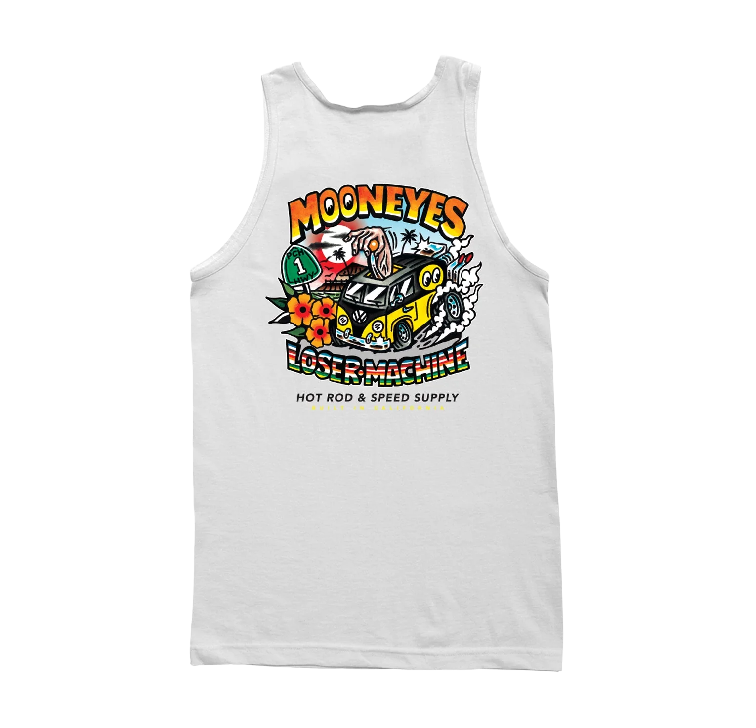 color: WHITE ~ alt: LMC X MOONEYES PACIFIC COAST HIGHWAY STOCK TANK TOP (zoomed)